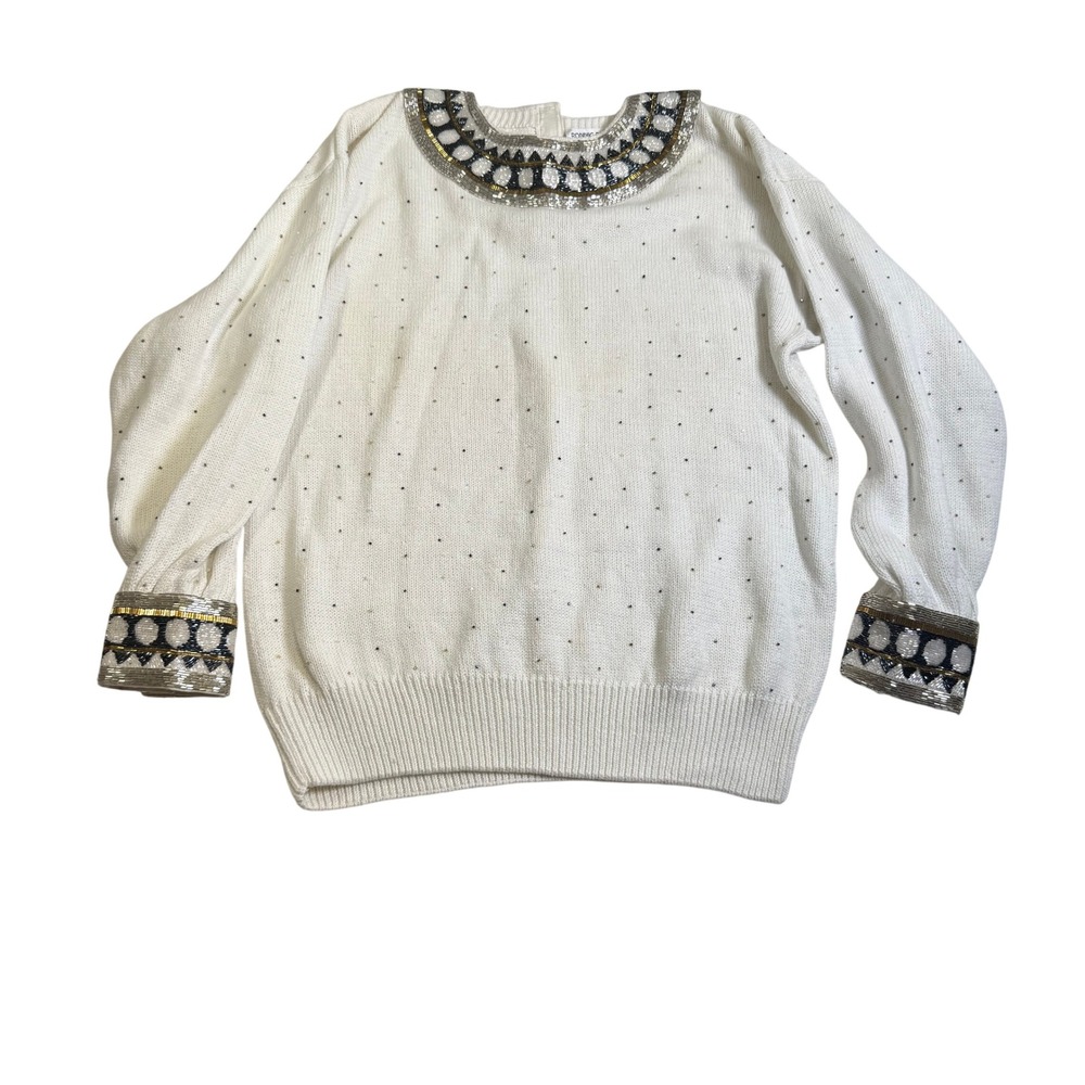 Bonnie Boerer Sweater Women Medium White Excellent Vintage 80s Beaded Top
